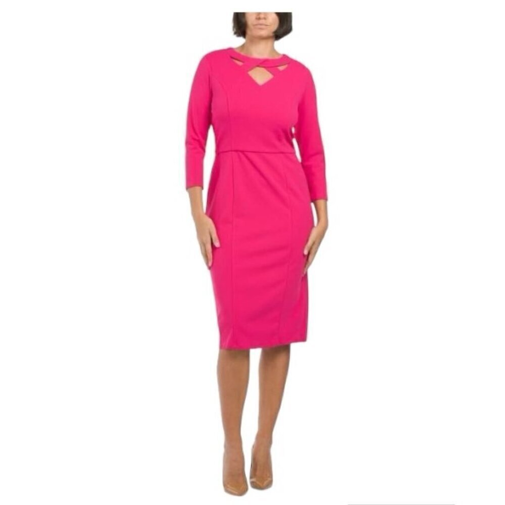 London Times Womens Hot Pink Cut Out Neck Midi Scuba Crepe Dress Sz 10 New